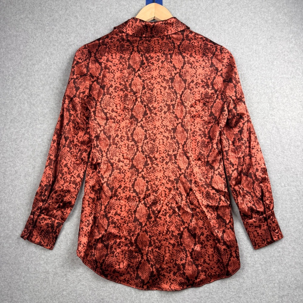 Cinq a Sept Top Womens XS Pink Brown Button Down Snake Satin Animal Print Blouse - Picture 2 of 7